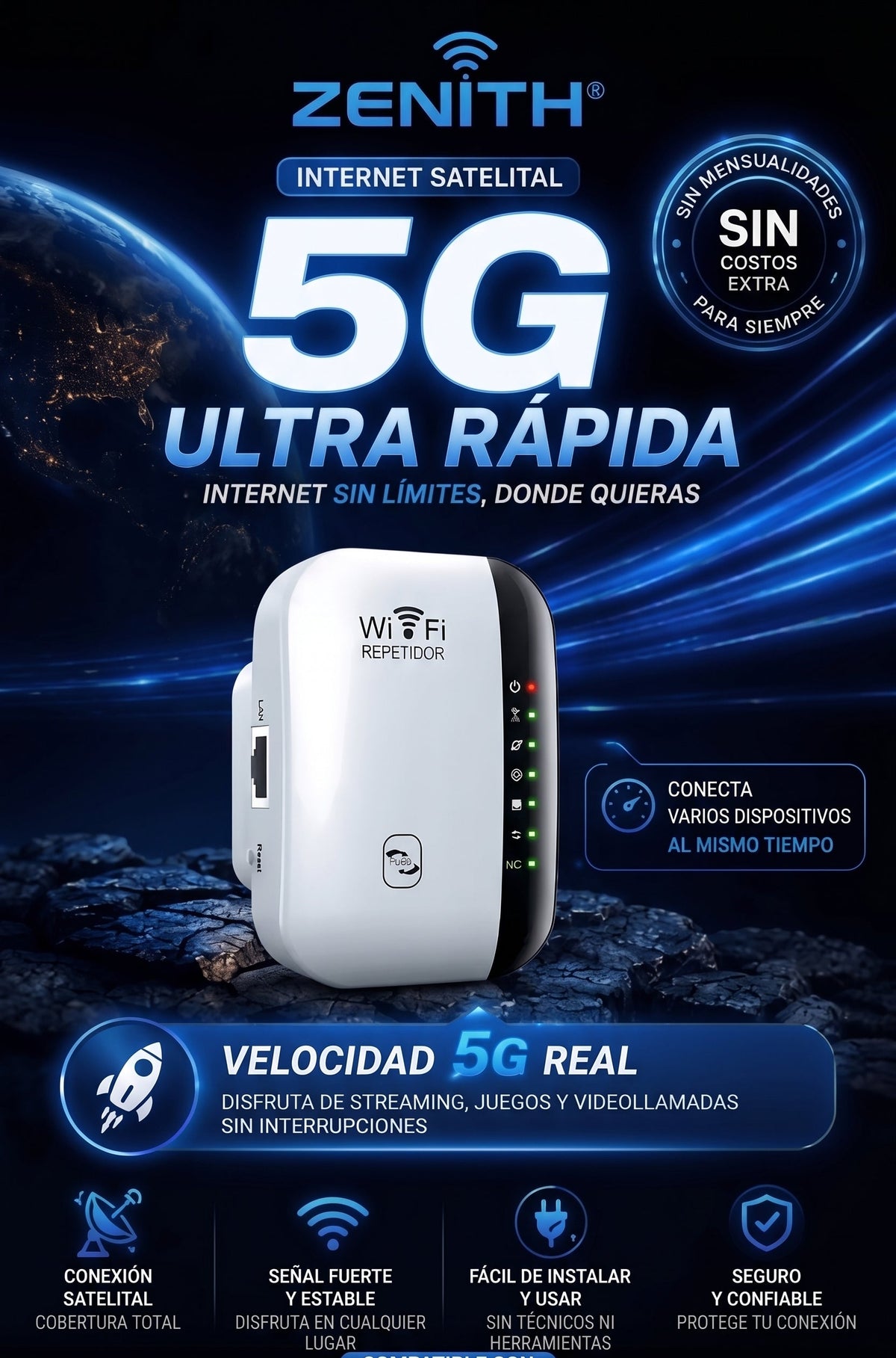 Zenith® Repetidor de señal Wi-FI 5 2000mbps